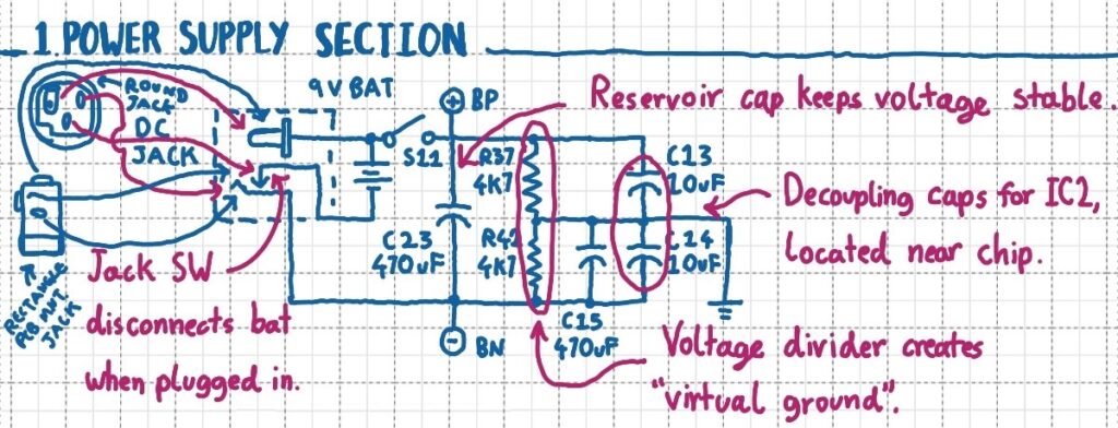 Annotated schematic of the Noise Toaster Lo-Fi Analog Synth's power supply circuit.