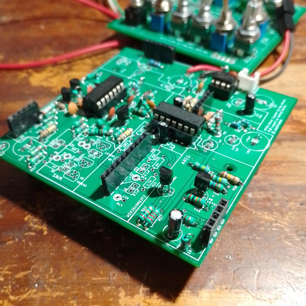 Photo of the bottom PCB of the _electroidiot experimental two board sandwiched version of the MFOS Noise Toaster. 