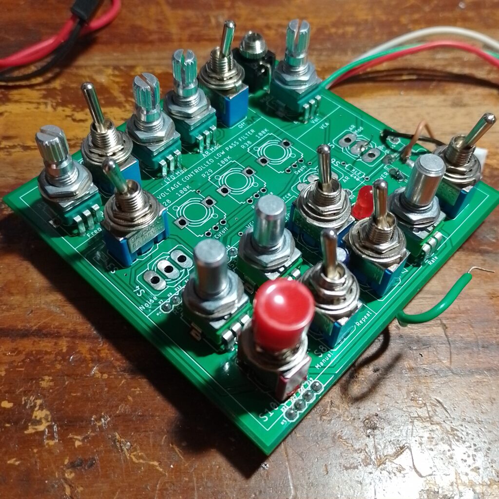 Photo of the top PCB of the _electroidiot experimental two board sandwiched version of the MFOS Noise Toaster. 